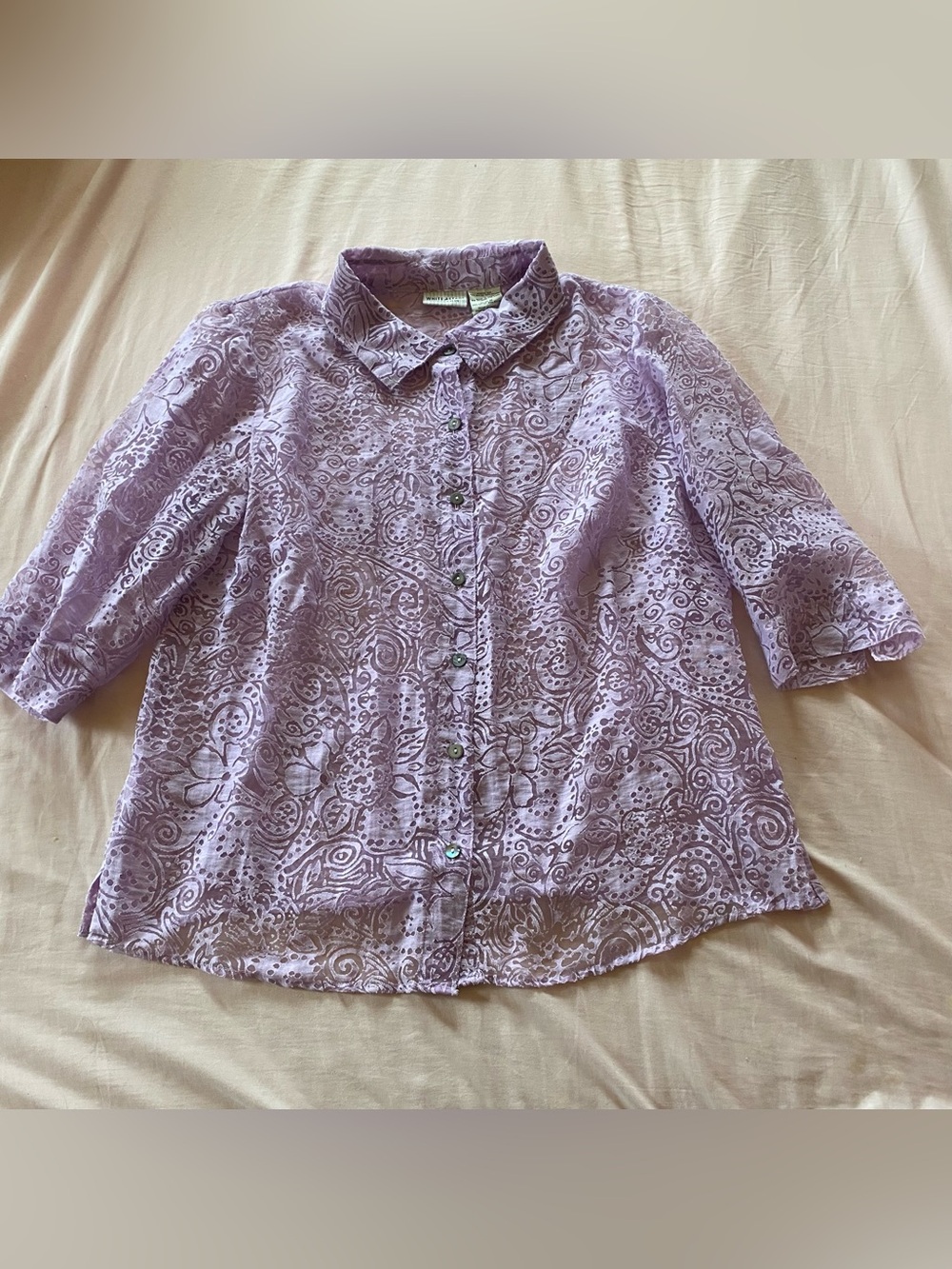 Vintage White Stag Plus Sized Lavender Paisley Semi-Sheer Lace Button Up Blouse